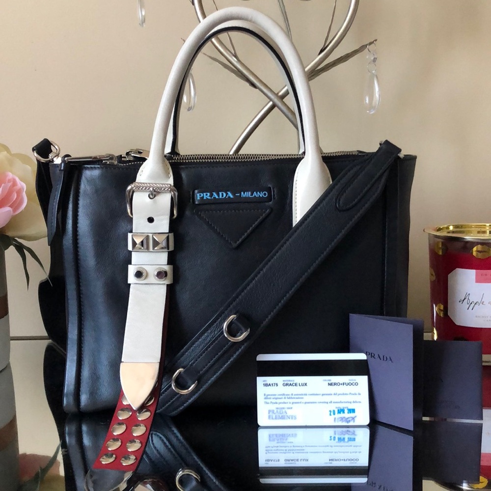 PRADA Leather Black/ White GRACE LUX 1BA175 Tote
